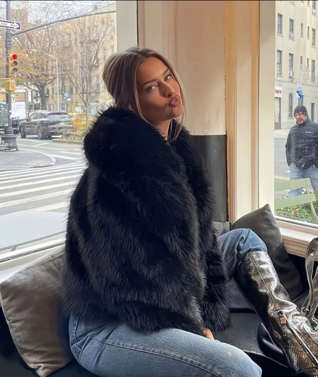 Black faux fur jacket, sizes L-XXL