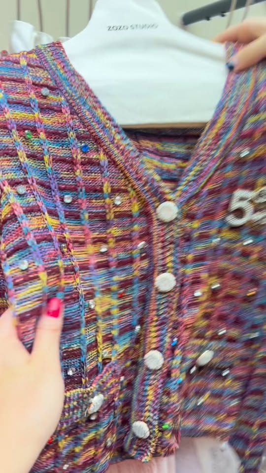 Multicolor knit cardigan with rhinestone buttons