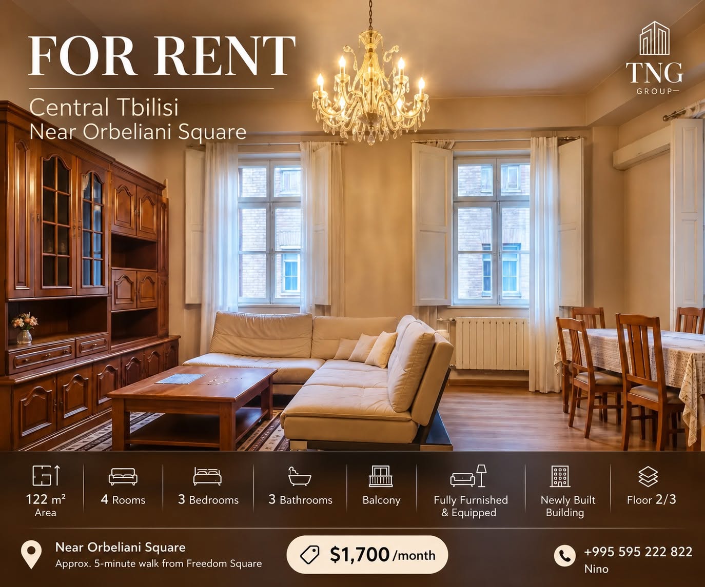 4 otaqlı mənzil kirayə, Tbilisi — $1,700