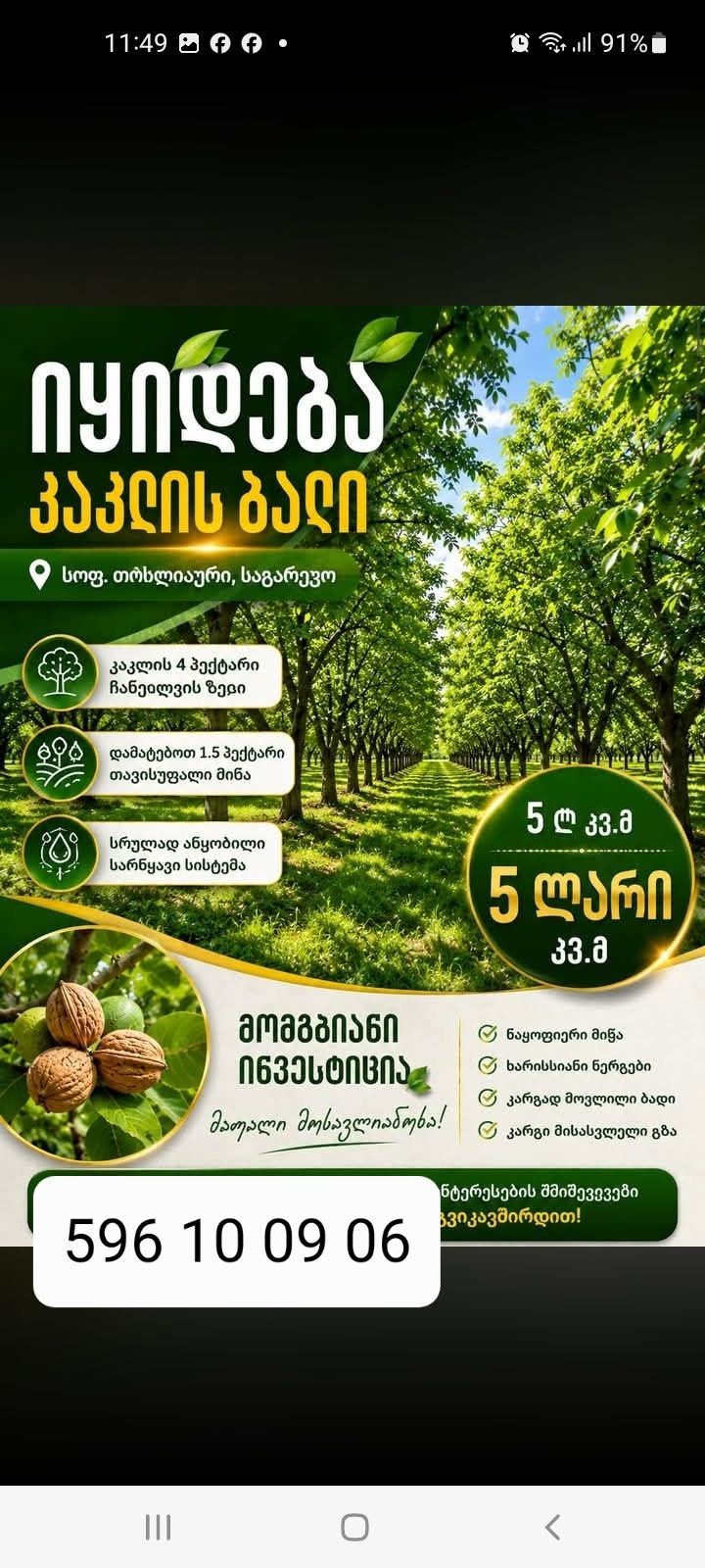 Продаётся в Сагареджо. В селе Тохлаури walnut сад. 5л