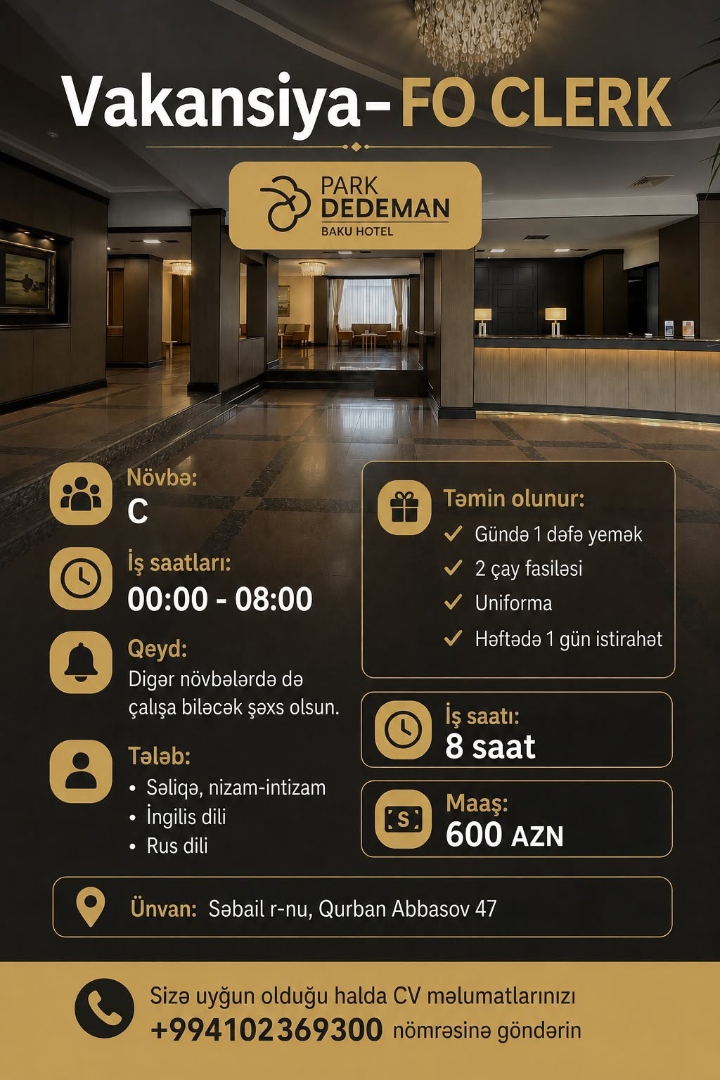İşçi axtarış: Qeydiyyatçı (FO Clerk) Vaxt: C — 600₼