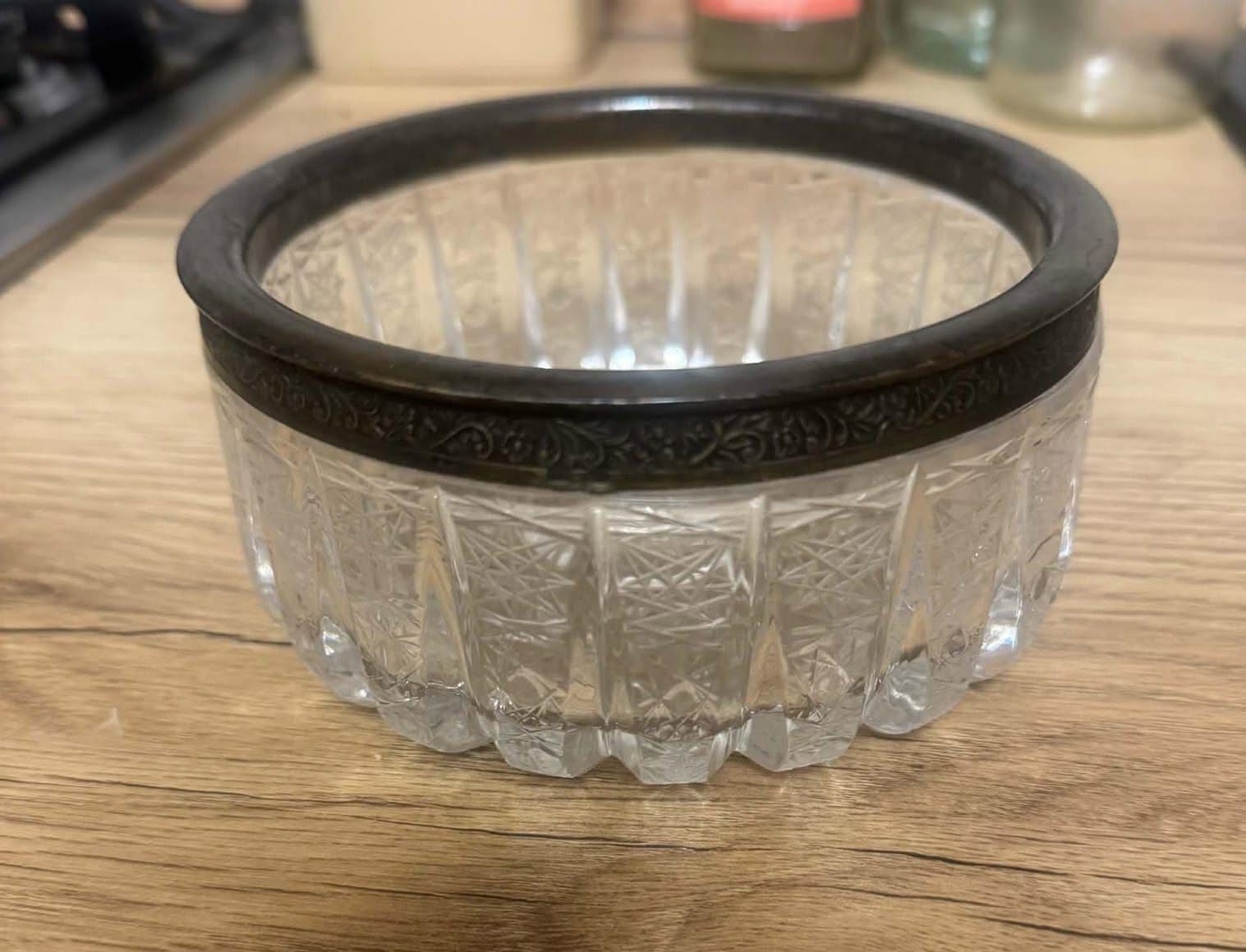 Cut crystal bowl with metal rim