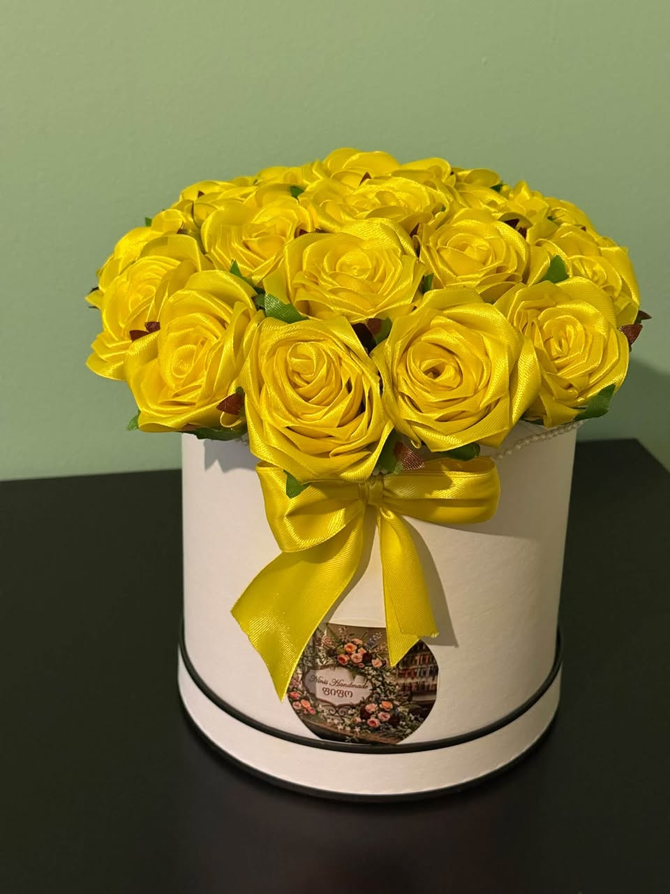 Handmade yellow satin roses in gift box