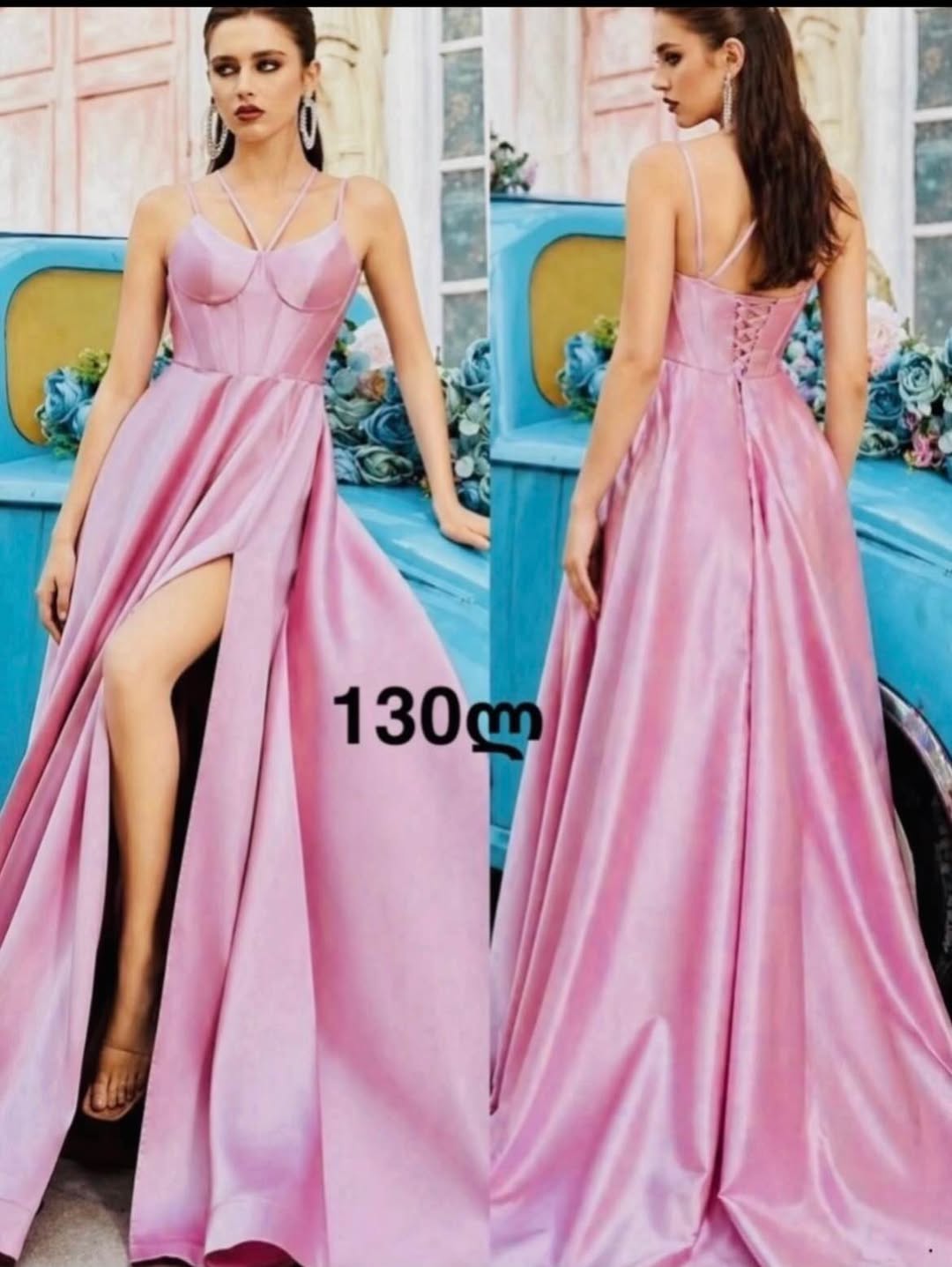 Pink satin evening dress, sizes S-M-L