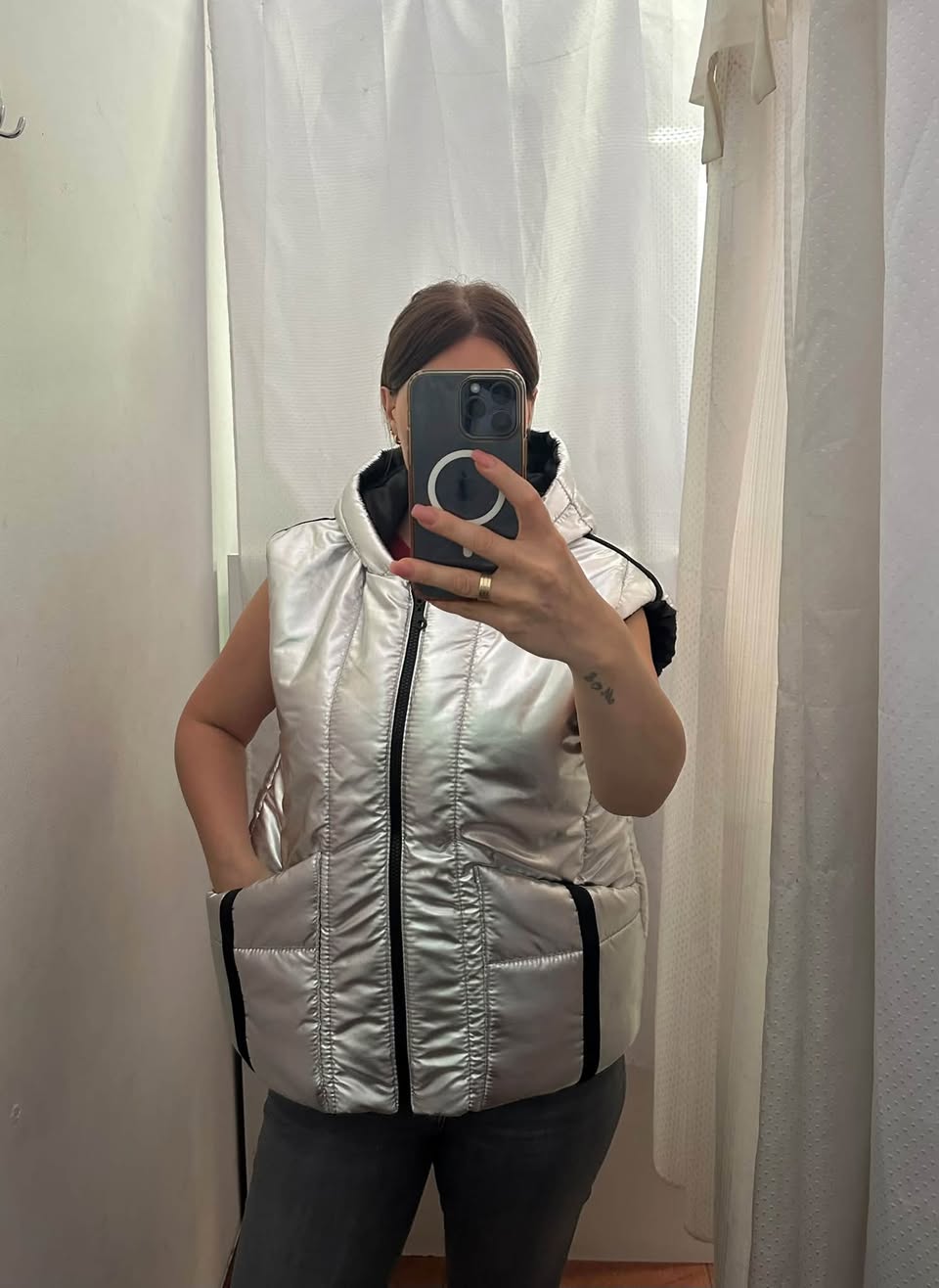 Silver puffer vest, made to order