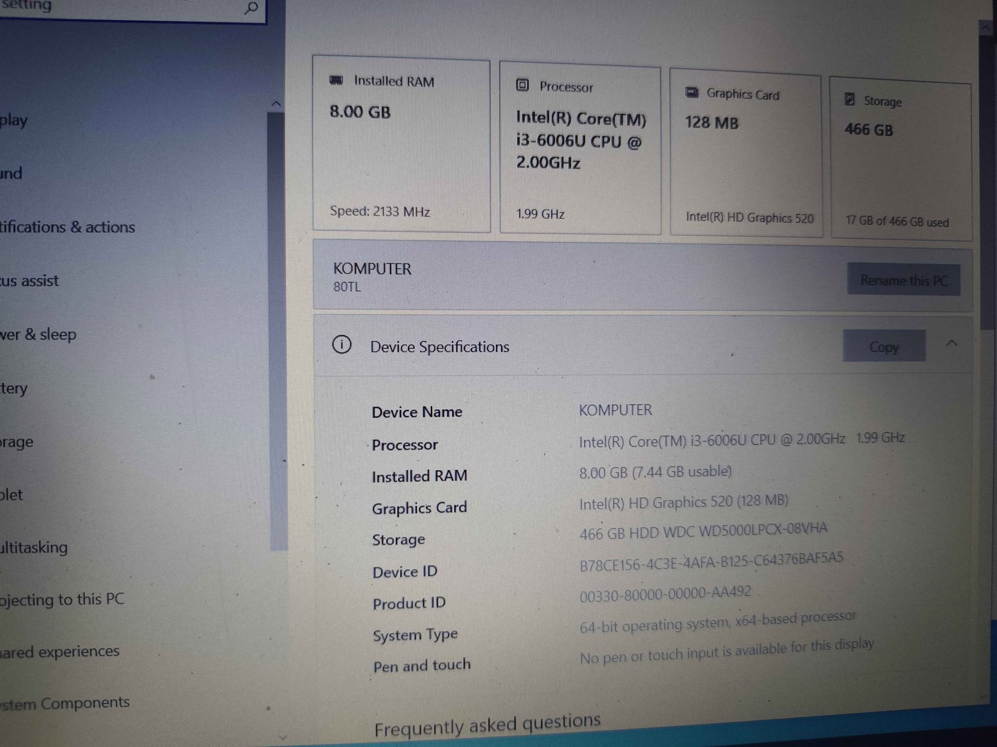 Intel i3 համակարգիչ, 8GB RAM, 466GB