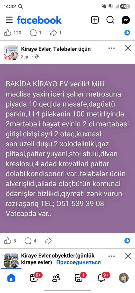 2 oda daire kiraya veriliyor, Bakü