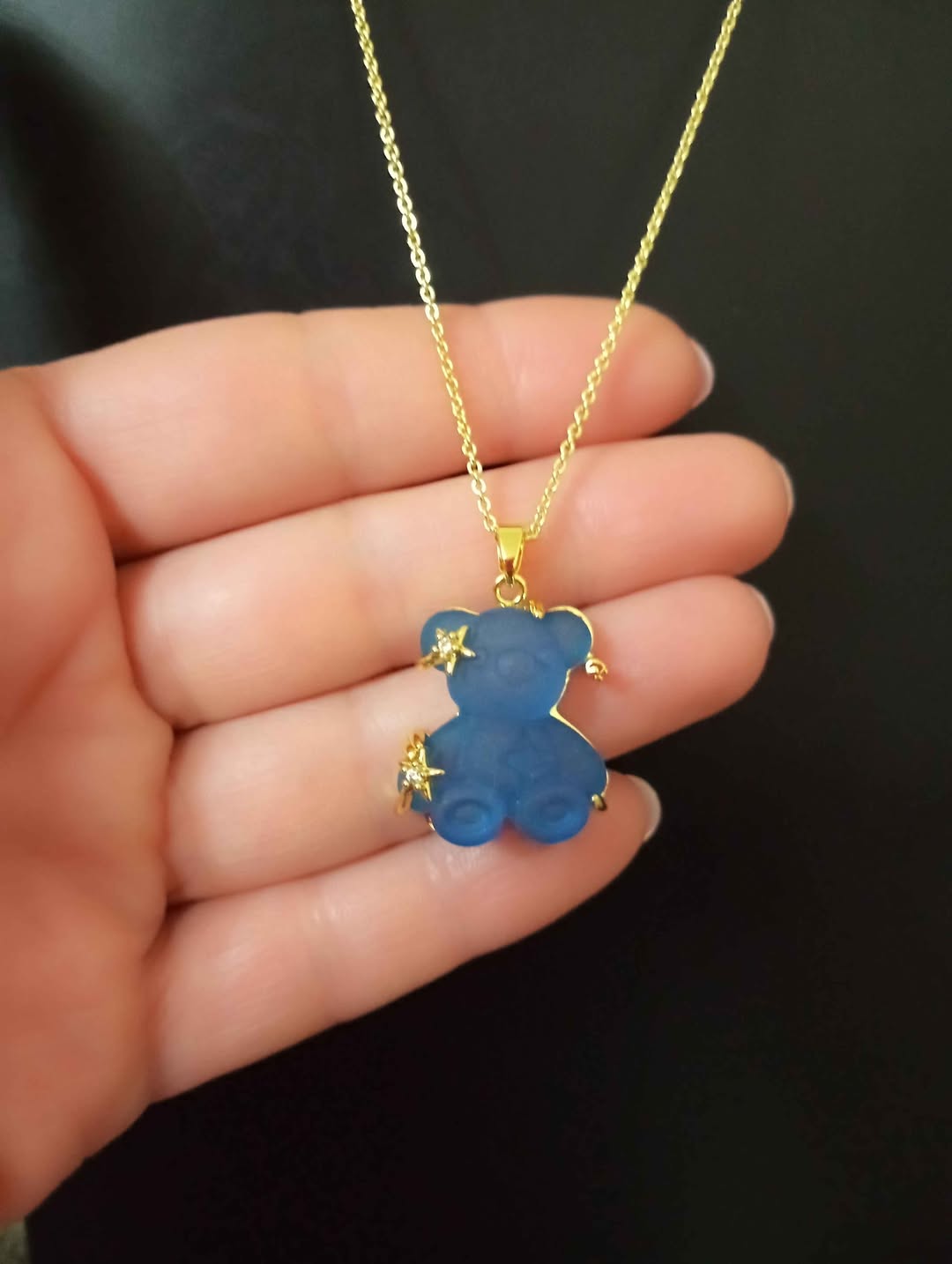 Blue bear pendant necklace, gold chain