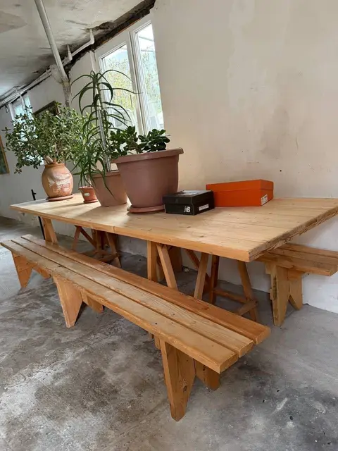 Wooden table with benches