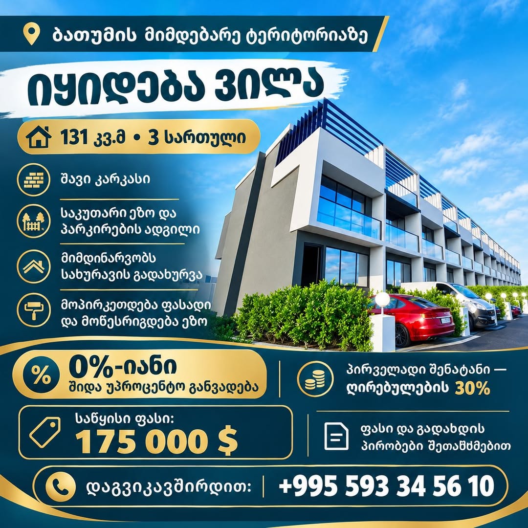მზად არის ვილის გაყიდვის სარეკლამო პოსტერი. — 175,000$