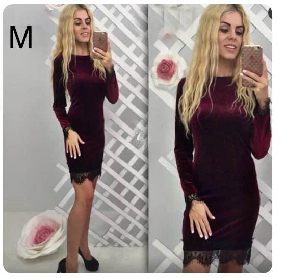 Burgundy velvet dress with lace, S-M