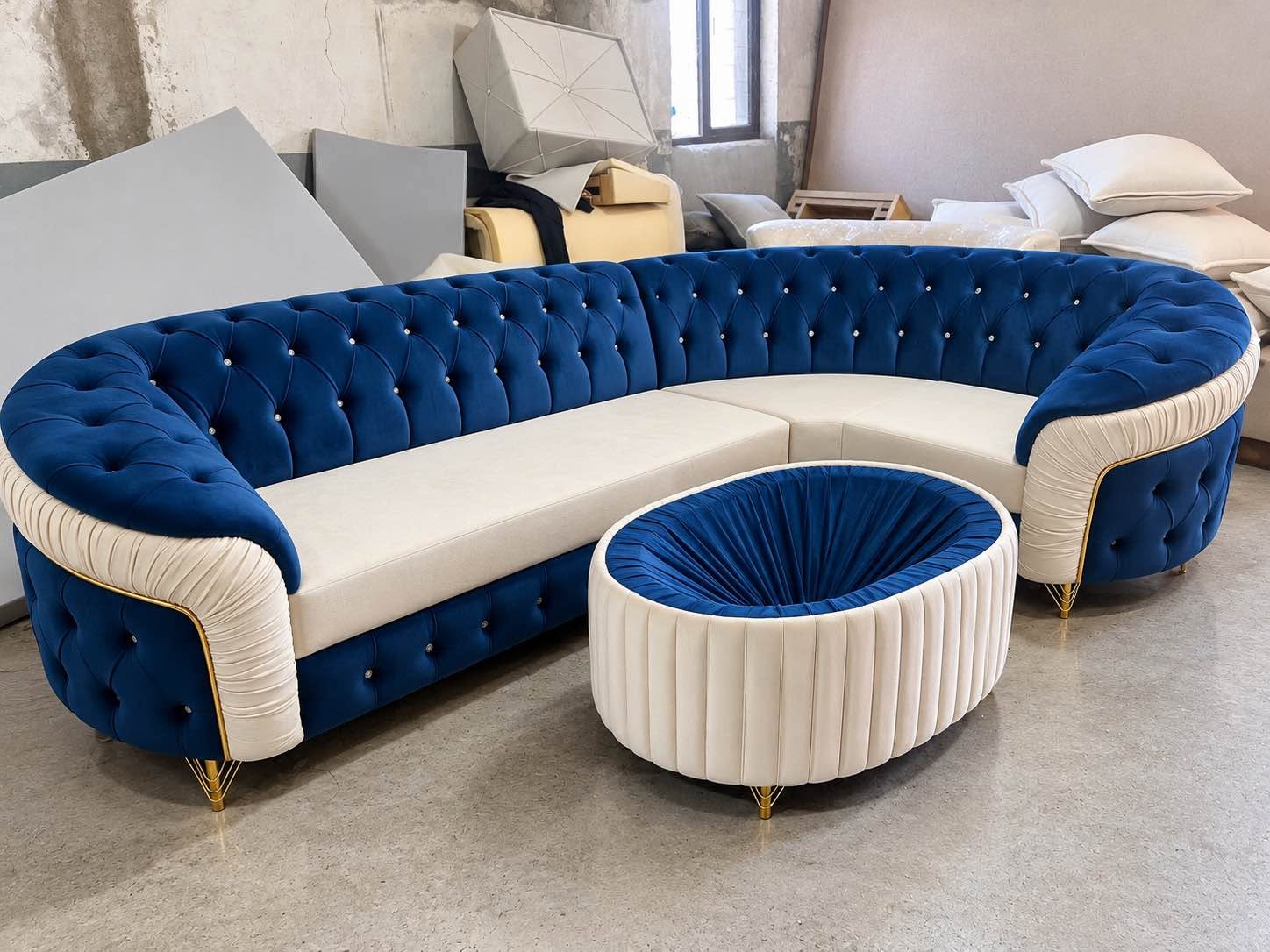 Made-to-order blue velvet sofa