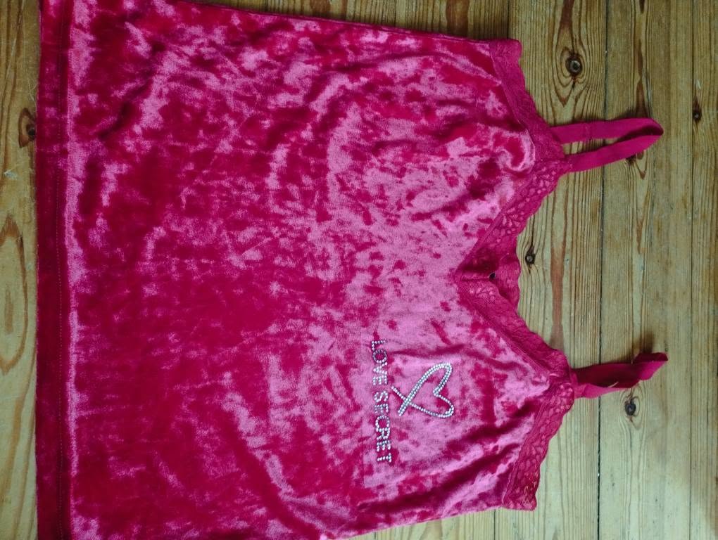 Red velvet lace-trim top, size M