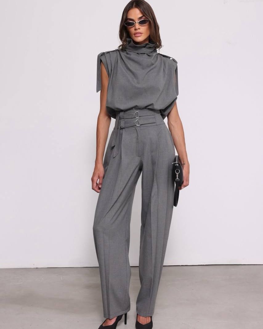 Grey sleeveless top and wide trousers set