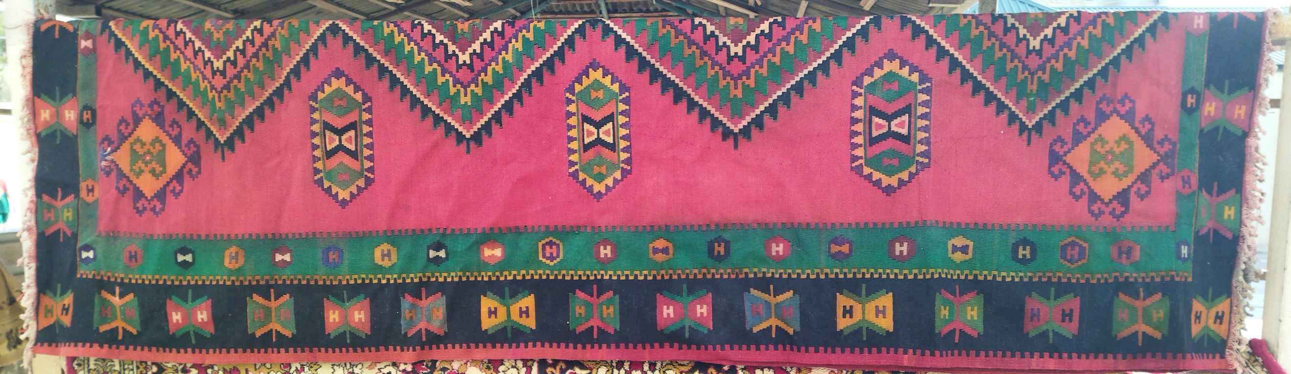 Handwoven kilim runner, pink and green