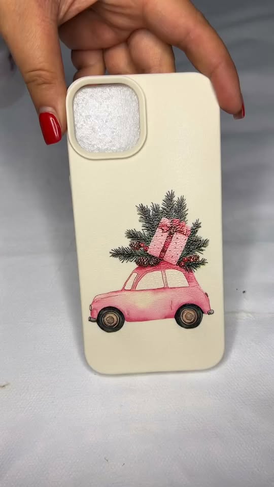Phone case with pink Christmas car print
