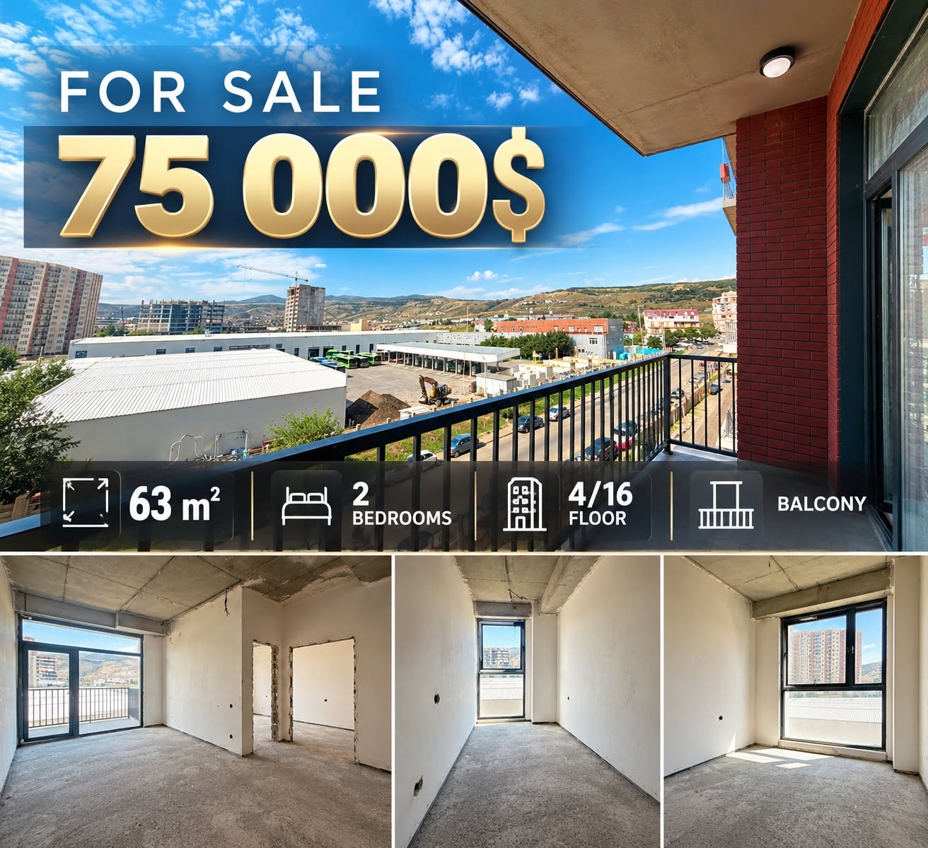 Продается 2-комнатная квартира, Тбилиси — $75,000